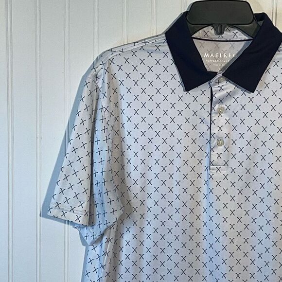 MAELREG Golf Club Print Performance Polo Shirt Men’s Medium White Blue Club - Picture 2 of 10